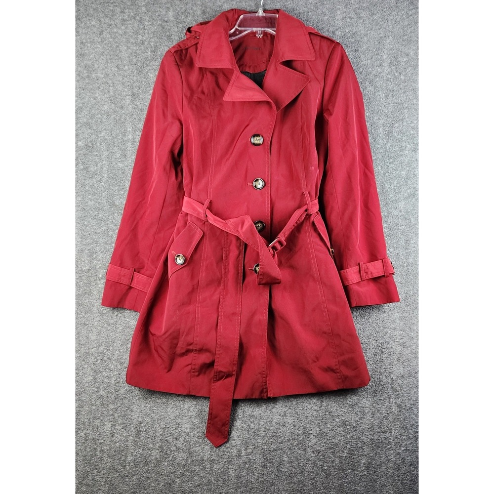 Calvin Klein Trench Coat Women Large Red Detachable Hood Belted Mid Length